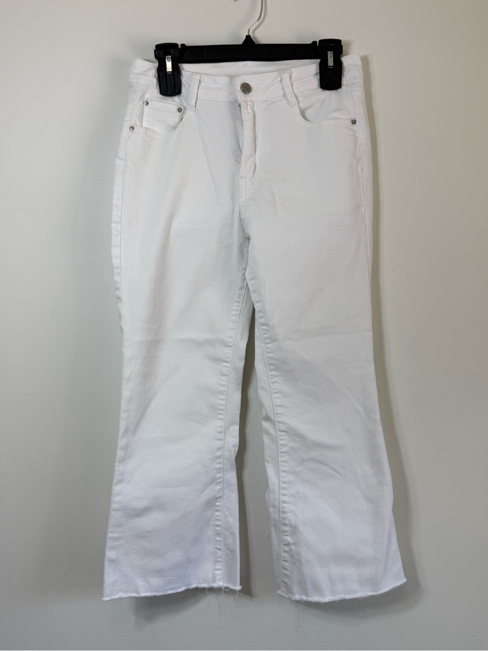 White Stretch Denim Cropped Kick Flare Jeans Raw Hem Size 8